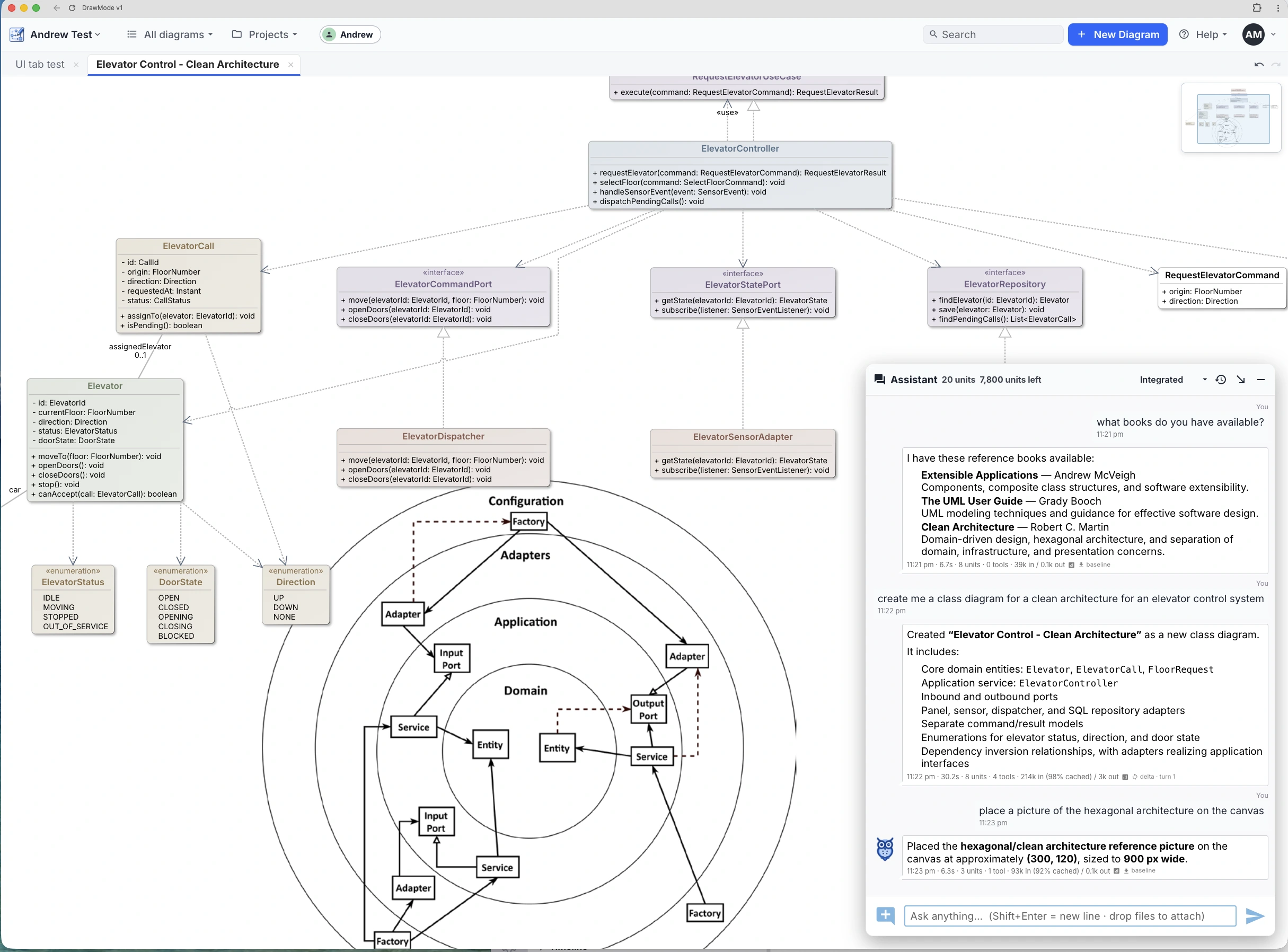 Asked what books it has, the assistant lists its vectorized references — then builds a clean-architecture elevator control class diagram grounded in them