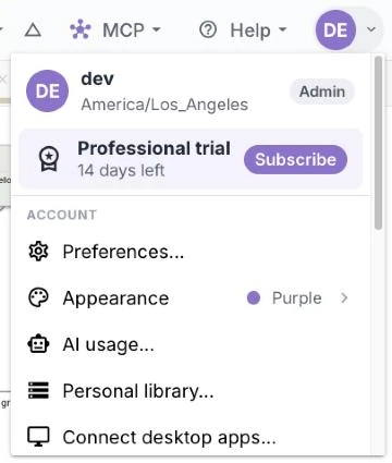The web app's avatar menu: the plan card, Preferences, Appearance, AI usage, Personal library and Connect desktop apps