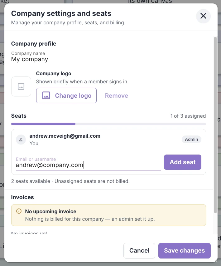 Company settings and seats: the company profile with its name and logo, the seats with the admin and an Add seat field, and the invoices