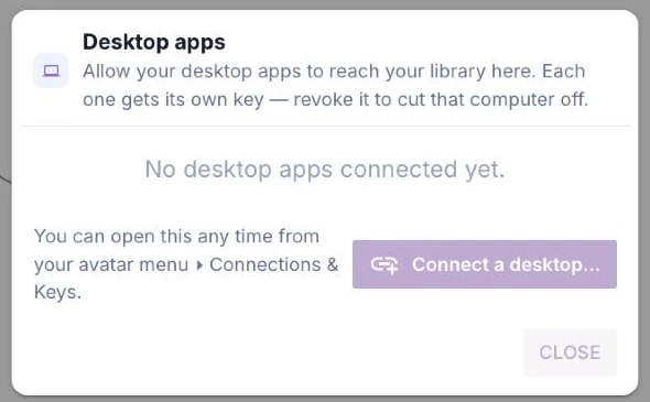 The Desktop apps dialog: each desktop gets its own key, and revoking it cuts that computer off