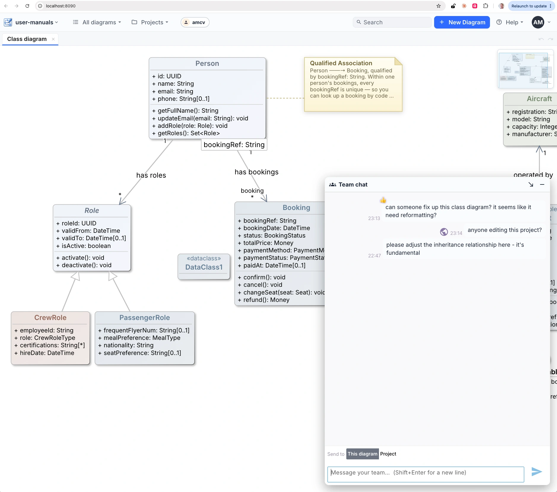 The team chat panel beside a shared diagram