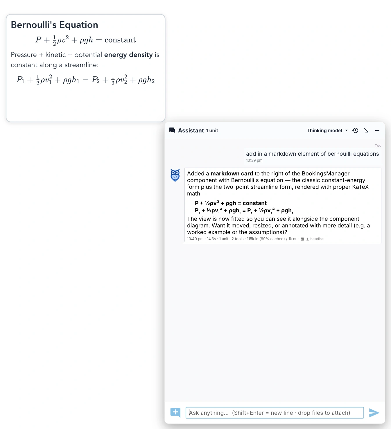 Asked for Bernoulli’s equations, the assistant adds a KaTeX-rendered markdown card to the canvas.