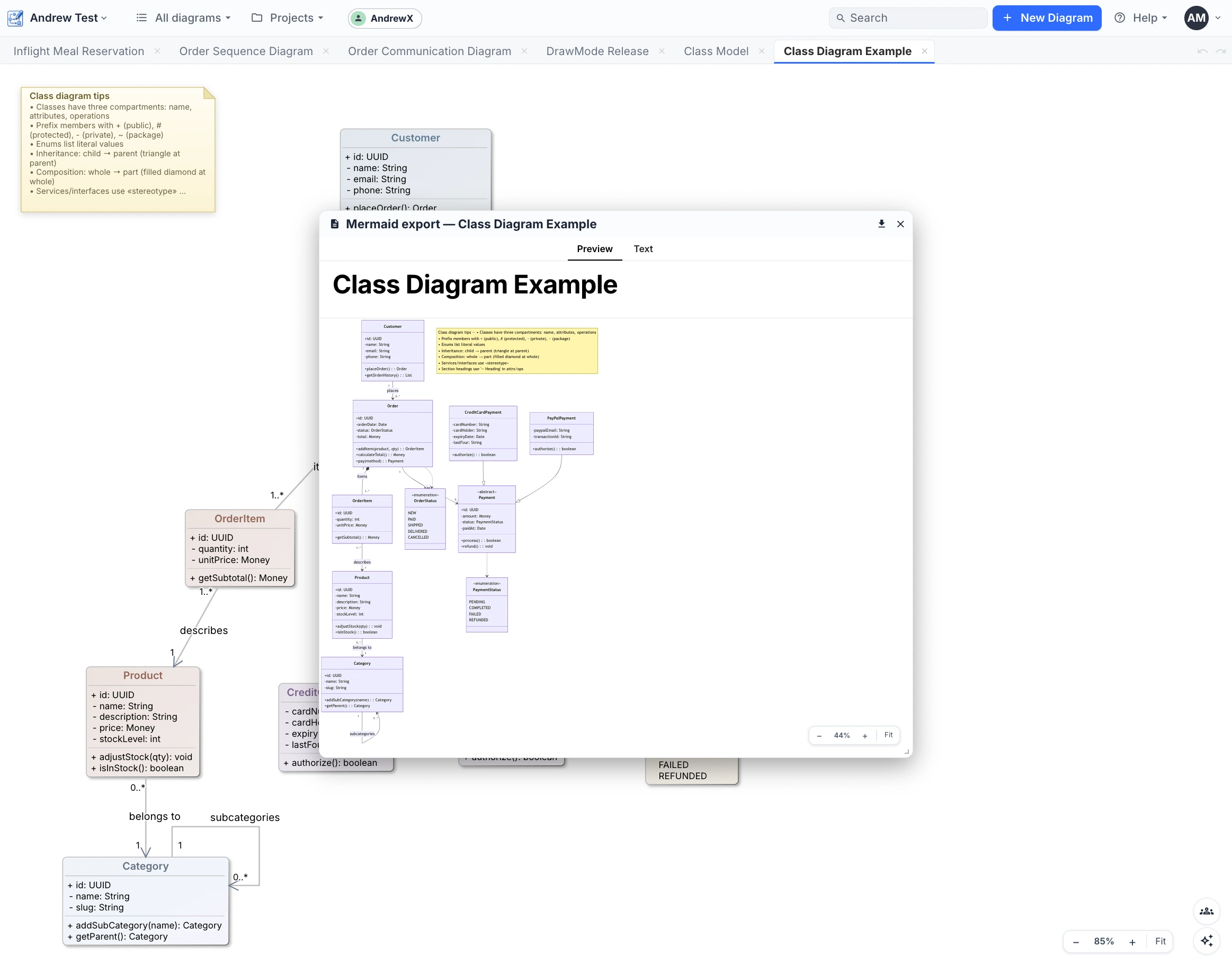 Export ▸ Mermaid — rendered on the Preview tab; Text holds the source, ready to copy.