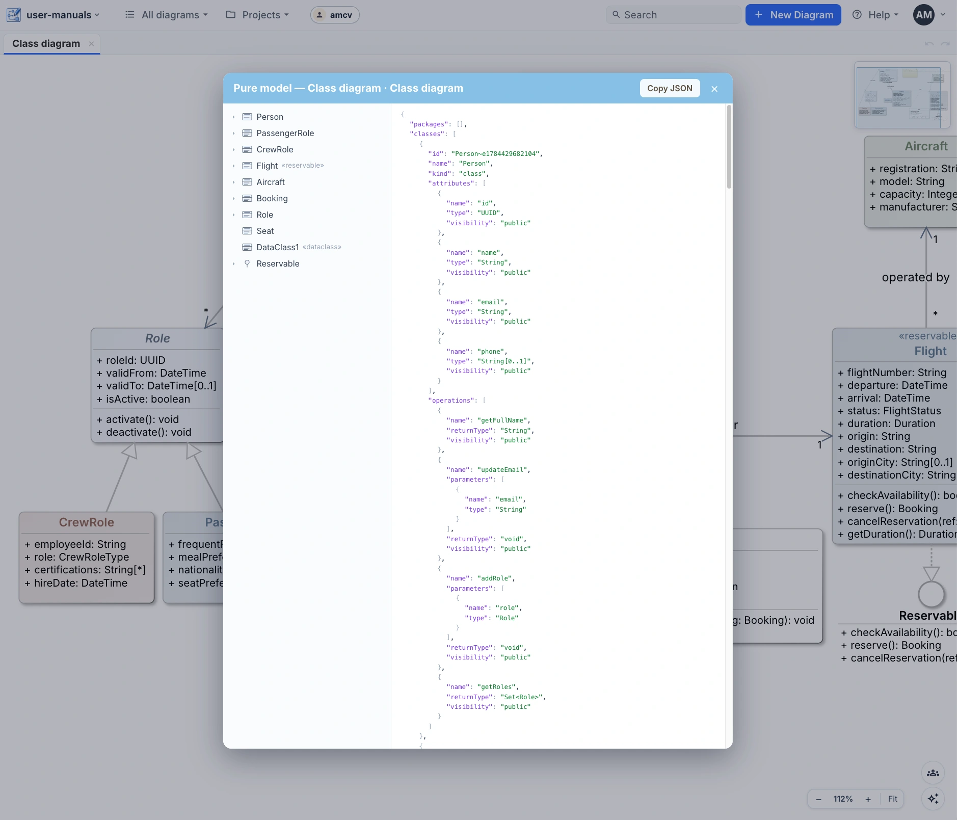 Export ▸ Pure model — the class diagram as typed concepts: the element tree beside its JSON.